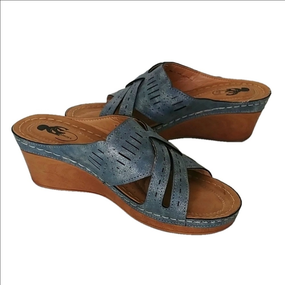 GC Shoes Miles Wedge Sandals Womens 8.5W Blue Laser Cut Boho Slip On Slide